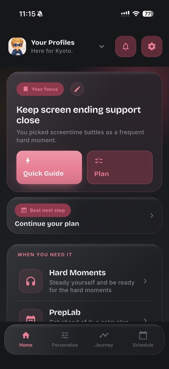 Frazzle Home in dark mode showing Your focus, keep screen ending support close, with a Quick Guide and Plan, and Hard Moments and PrepLab below